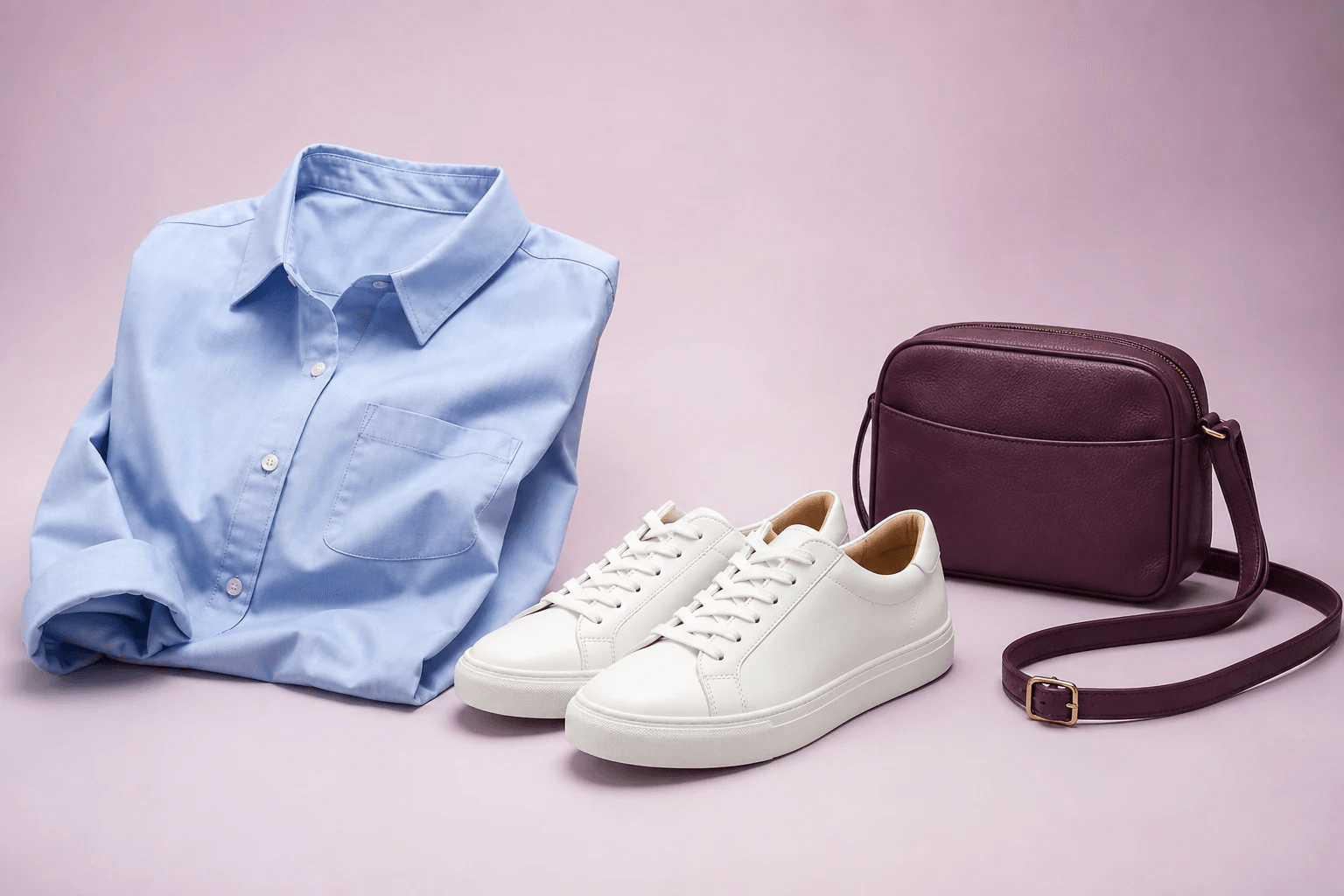Catalogusbeeld van een overhemd, sneakers en een tas als complete set