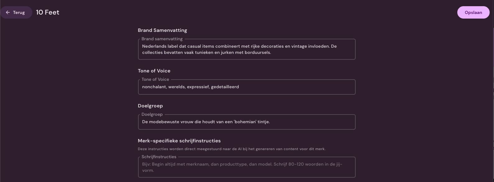 Merkprofiel met tone of voice en doelgroep in Photopilot